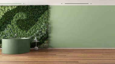 Yuvarlak küvetli, beyaz ve yeşil tonlarda dekore edilmiş minimum banyo. Dikey bahçe ve parke. Kopya alanı ile modern iç tasarım fikri