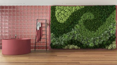 Yuvarlak küvetli ve kırmızı tonlu modern parlak banyo. Cam tuğla duvarlar, dikey bahçe, parke ve dekorlar. En düşük iç tasarım