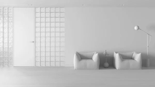Полный Белый Проект Минимальный Зал Ожидания Паркетом Стеклянные Кирпичные Стены — стоковое фото