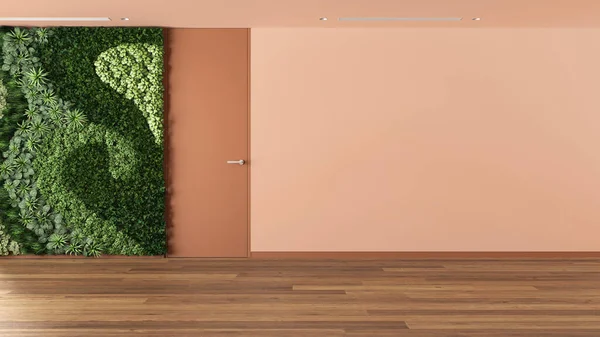 Wnętrze Pustego Pokoju Otwarta Przestrzeń Pionowym Ogrodem Parkiet Pomarańczowe Ściany — Zdjęcie stockowe