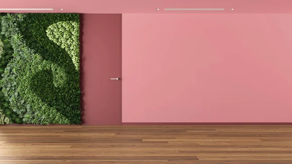 Leere Raumgestaltung Offener Raum Mit Vertikalem Garten Parkettboden Rote Wände — Stockfoto