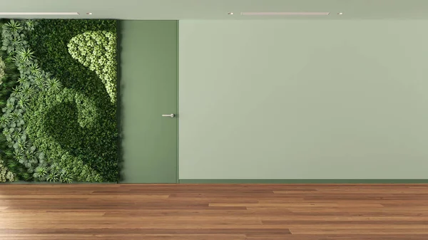 Wnętrze Pustego Pokoju Otwarta Przestrzeń Pionowym Ogrodem Parkiet Zielone Ściany — Zdjęcie stockowe
