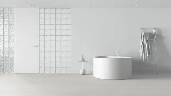 Загальний Білий Проект Мінімальна Ванна Кімната Круглою Ванною Декорами Скляні — стокове фото
