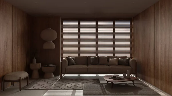 最简约的客厅 有木制墙壁 有枕头的织物沙发 有百叶窗的大窗户 地毯和装饰 最低室内设计 — 图库照片