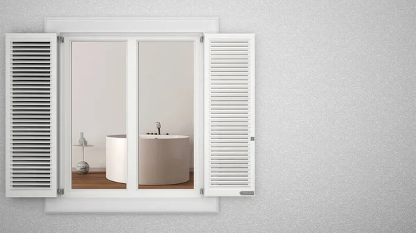 シャッター付きの白い窓のある外壁石膏壁 最小限の白いバスルームを示します コピースペースと空白の背景 建築デザインの概念のアイデア モックアップテンプレート — ストック写真