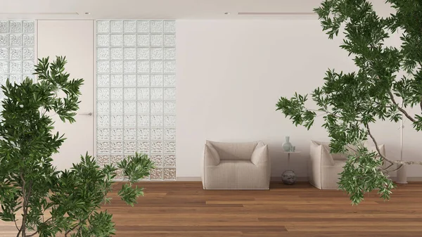 绿色的夏叶或春叶 树枝覆盖室内设计现场 自然生态理念 最小的客厅 扶手椅 白色室内设计 — 图库照片