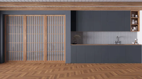 Minimale Japanische Küche Holz Und Grautönen Schränke Und Zubehör Papierschiebetüren — Stockfoto