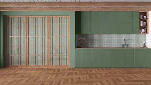 Мінімальна Японська Кухня Дерев Яних Зелених Тонах Шафи Аксесуари Паперові — стокове фото