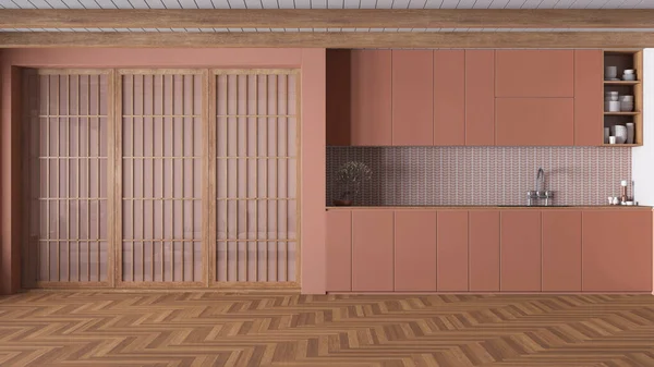 Ελάχιστη Κουζίνα Japandi Ξύλινους Και Πορτοκαλί Τόνους Ντουλάπια Και Αξεσουάρ — Φωτογραφία Αρχείου