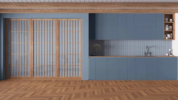 Minimal Japandi Kitchen Wooden Blue Tones Cabinets Accessories Paper Sliding — Stock Photo, Image
