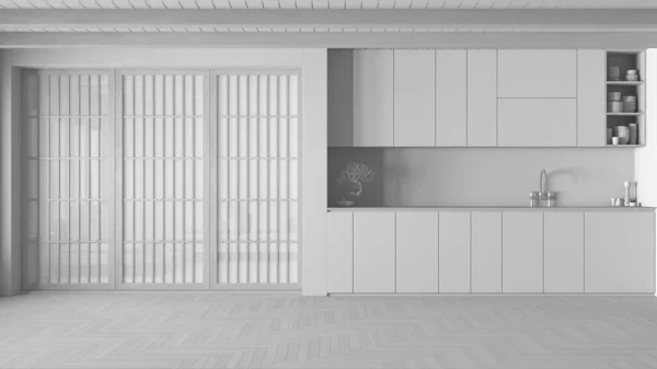 Celkový Bílý Projekt Návrhu Minimální Japandi Dřevěné Kuchyně Skříňky Příslušenství — Stock fotografie