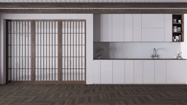 Minimal Japandi Kitchen Dark Wooden White Tones Cabinets Accessories Paper — Stock Photo, Image
