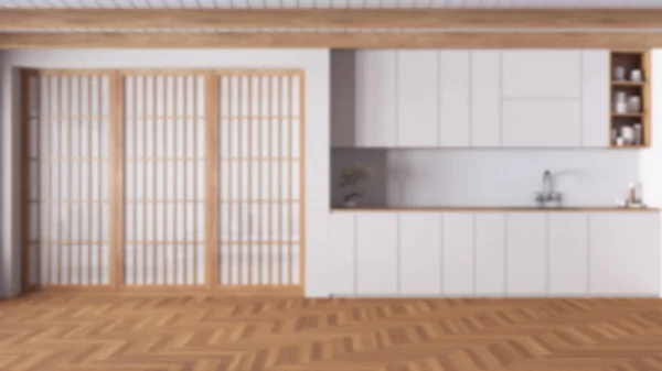 模糊的背景 最小的日本木厨房 橱柜和配件 纸门和鲱鱼花束 清洁室内设计 — 图库照片