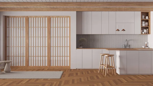 用木制和白色调装饰的最小的日本厨房 橱柜和岛屿 纸滑动门和鲱鱼花束 清洁室内设计 — 图库照片