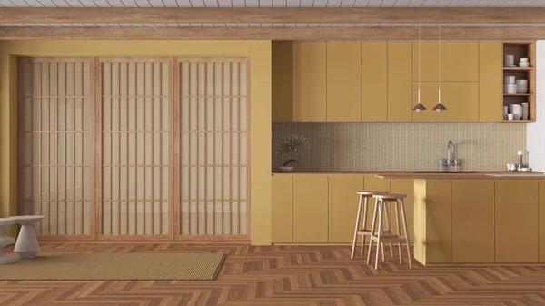 Ελάχιστη Κουζίνα Japandi Ξύλινους Και Κίτρινους Τόνους Ντουλάπια Και Νησί — Φωτογραφία Αρχείου