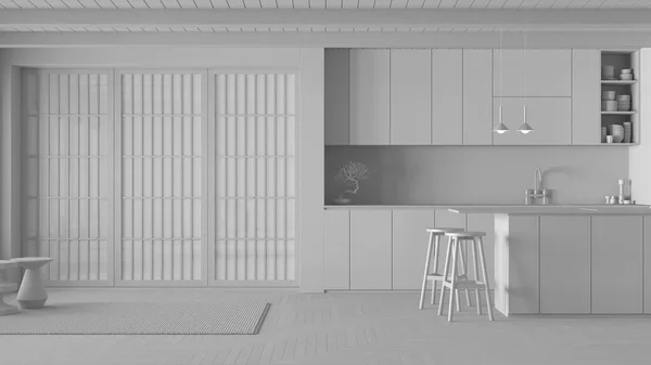 Σύνολο Λευκό Σχέδιο Έργου Ελάχιστη Ξύλινη Κουζίνα Japandi Ντουλάπια Και — Φωτογραφία Αρχείου