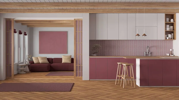 最小的日本厨房和客厅用木制和红色色调 面料沙发和岛屿 纸张滑动门和鲱鱼花束 清洁室内设计 — 图库照片