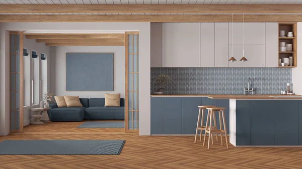 Minimal Japandi Kitchen Living Room Wooden Blue Tones Fabric Sofa — Stock Photo, Image