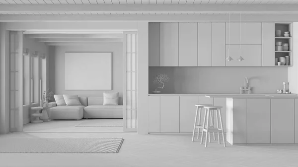Totaler Weißer Projektentwurf Minimale Japanische Küche Und Wohnzimmer Stoffsofa Und — Stockfoto