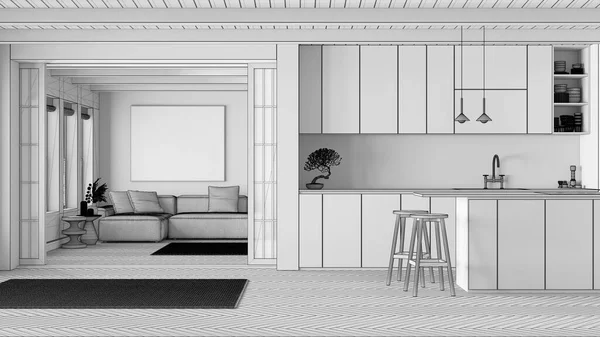 Nedokončený Návrh Projektu Minimální Japonská Kuchyň Obývací Pokoj Fabric Pohovka — Stock fotografie