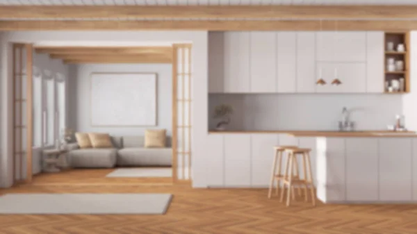 Blurred Background Minimal Japandi Kitchen Living Room Fabric Sofa Island — Stock Photo, Image