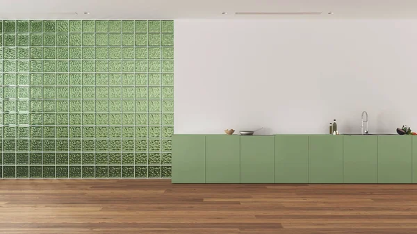 Cozinha Moderna Brilhante Com Armários Eletrodomésticos Tons Verdes Brancos Paredes — Fotografia de Stock