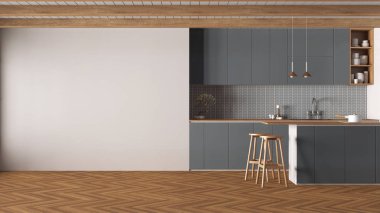 Minimum japandi mutfağı ahşap ve gri tonlarda. Kopyalama alanı olan bir model. Tabureler, aksesuarlar ve ringa kemiği parkesiyle dolu bir ada. Temiz iç tasarım
