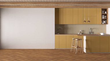 Minimum Japon mutfağı ahşap ve sarı tonlarda. Kopyalama alanı olan bir model. Tabureler, aksesuarlar ve ringa kemiği parkesiyle dolu bir ada. Temiz iç tasarım