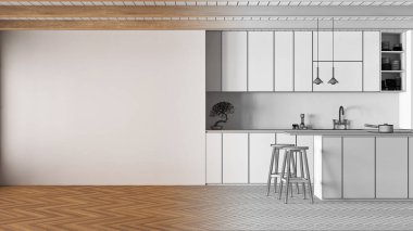 Mimar iç mimar konsepti: elle çizilmiş tamamlanmamış proje gerçek, minimal japandi mutfağı haline geliyor. Kopyalama alanı olan bir model. Temiz biçim