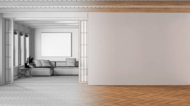 Mimar iç mimar konsepti: elle çizilmiş tamamlanmamış proje gerçek, minimal japandi oturma odası haline geliyor. Kopyalama alanı olan bir model. Temiz biçim