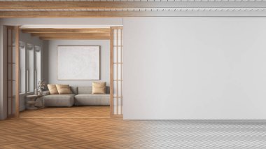 Mimar iç mimar konsepti: elle çizilmiş tamamlanmamış proje gerçek, minimal japandi oturma odası haline geliyor. Kopyalama alanı olan bir model. Temiz biçim