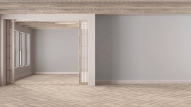 Boş oda iç tasarımı, beyazlatılmış parke zemin, tahta kirişler tavan, beyaz duvarlar, modern japandi mimarisi fikri.