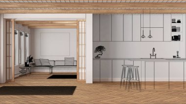 Parke zemin ve kiriş tavanlı boş beyaz iç döşeme, özel mimari tasarım projesi, siyah mürekkep çizimi, minimal mutfak ve oturma odasını gösteren plan