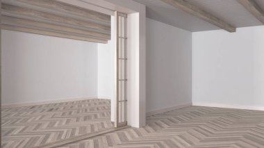 Boş oda iç tasarımı, beyazlatılmış parke zemin, tahta kirişler tavan, beyaz duvarlar, modern japandi mimarisi fikri.