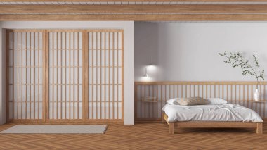 Minimum japandi yatak odası ahşap ve beyaz tonlarda. Yorgan ve yastıklı ana yatak, kağıt sürgülü kapı ve ringa kemiği parke. Temiz iç tasarım