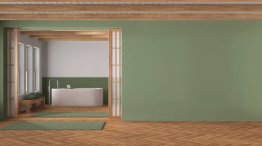 Minimum japandi banyosu ahşap ve yeşil tonlarda. Kopyalama alanı olan bir model. Serbest banyo küveti, halı, mozaik fayanslar ve ringa kemiği parke. Modern iç tasarım