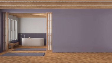 Minimum japandi banyosu ahşap ve mor tonlarda. Kopyalama alanı olan bir model. Serbest banyo küveti, halı, mozaik fayanslar ve ringa kemiği parke. Modern iç tasarım