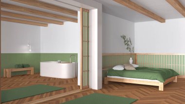 Minimum japandi yatak odası ve banyo ahşap ve yeşil tonlarda. Yastıklı çift kişilik yatak, serbest banyo küveti ve ringa kemiği parke zemini. Modern iç tasarım