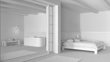 Tamamen beyaz proje taslağı, minimum japandi yatak odası ve banyo. Yastıklı çift kişilik yatak, serbest banyo küveti ve ringa kemiği parke zemini. Modern iç tasarım