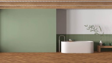 Minimum japandi banyosu ahşap ve yeşil tonlarda. Kopyalama alanı olan bir model. Serbest banyo küveti, halı, mozaik fayanslar ve ringa kemiği parke. Modern iç tasarım