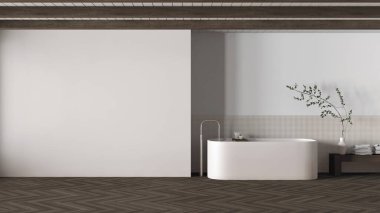 Minimum japandi banyosu koyu ahşap ve beyaz tonlarda. Kopyalama alanı olan bir model. Serbest banyo küveti, halı, mozaik fayanslar ve ringa kemiği parke. Modern iç tasarım