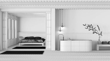 Tamamlanmamış proje taslağı, Japonya banyosu ve yatak odası. Serbest banyo küveti, yorgan ve ringa kemiği parke zeminli ana yatak. En düşük iç tasarım