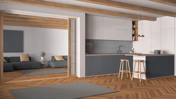 最小的日本厨房和客厅用木色和灰色色调 橱柜和岛屿 沙发和地毯 纸张滑动门和餐篮 现代室内设计 — 图库照片