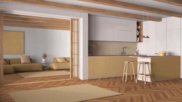 Minimal Japandi Kitchen Living Room Wooden Yellow Tones Cabinets Island — Stock Photo, Image