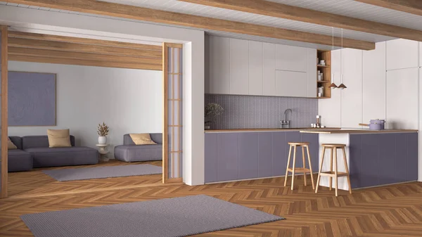 最小的日本厨房和客厅用木色和紫色色调 橱柜和岛屿 沙发和地毯 纸张滑动门和餐篮 现代室内设计 — 图库照片