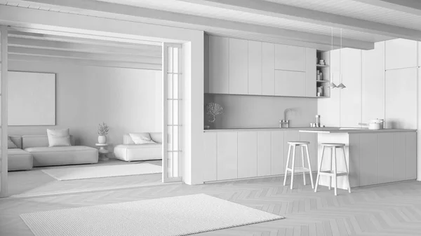 Celkový Bílý Projekt Návrh Minimální Japandi Kuchyně Obývací Pokoj Skříň — Stock fotografie