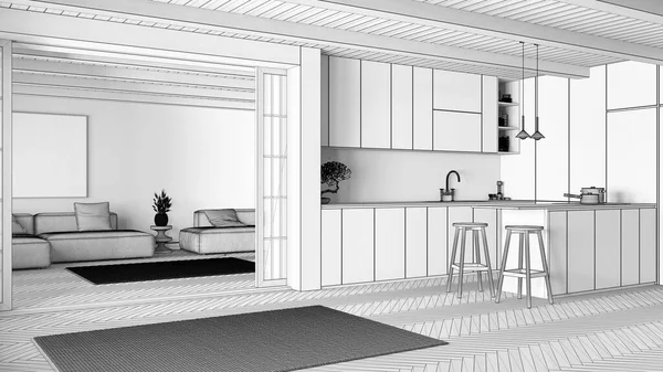 Plan Projektu Niedokończony Projekt Minimalna Japońska Kuchnia Salon Szafki Wyspa — Zdjęcie stockowe