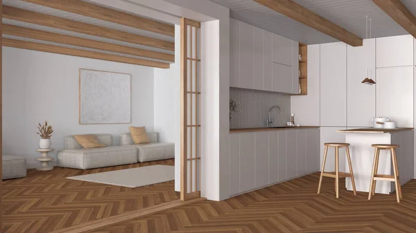 Japandi Modern Kitchen Living Room Wooden White Tones Cabinets Island — Stock Photo, Image