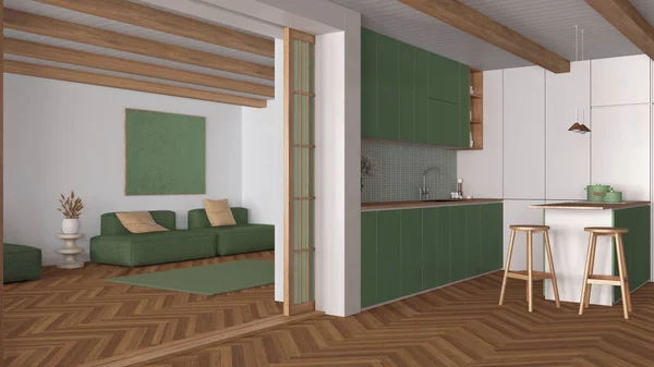 Japandi Cozinha Moderna Sala Estar Tons Madeira Verde Armários Ilha — Fotografia de Stock