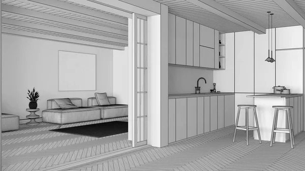 Блакитний Відбиток Незавершений Проект Сучасна Кухня Вітальня Шафи Острів Диван — стокове фото